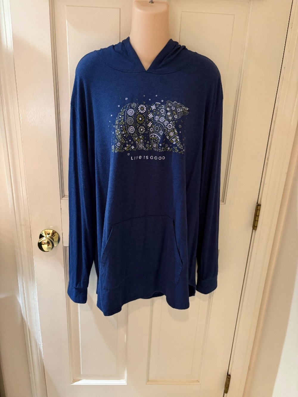 Life Is Good Women's Lightweight Hoodie Blue with Floral Bear XXL